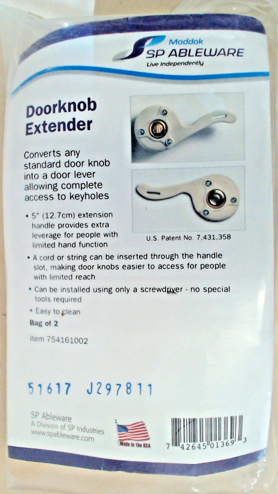 Ableware 754161002 Doorknob Extender Handle 2 Pack Bag by Maddak Caregiver Elder