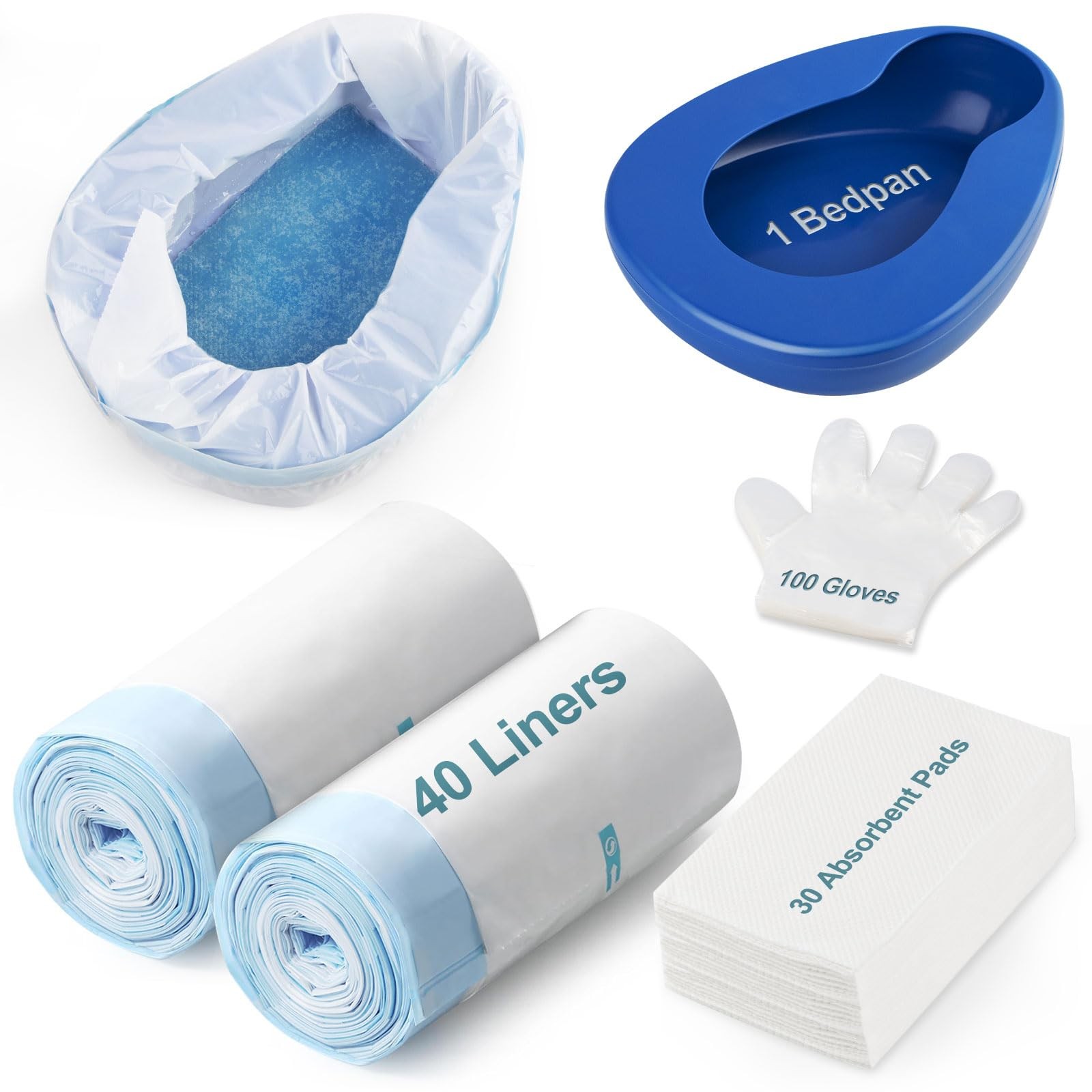 Bed pan Set Includes 30 Super Absorbent Pads, 40 Disposable Liners, and 100 G…