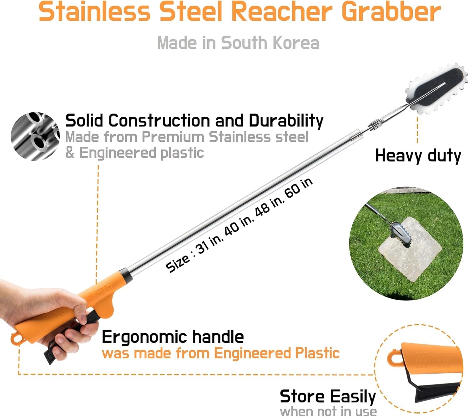 Stainless Steel Grabber Reacher, Heavy Duty Trash Picker, BBQ Log Tongs
