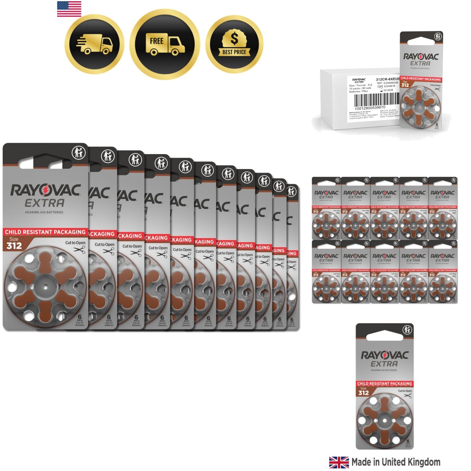 Extra hearing aid batteries size 312. Long-lasting mercury-free zinc-air hear…