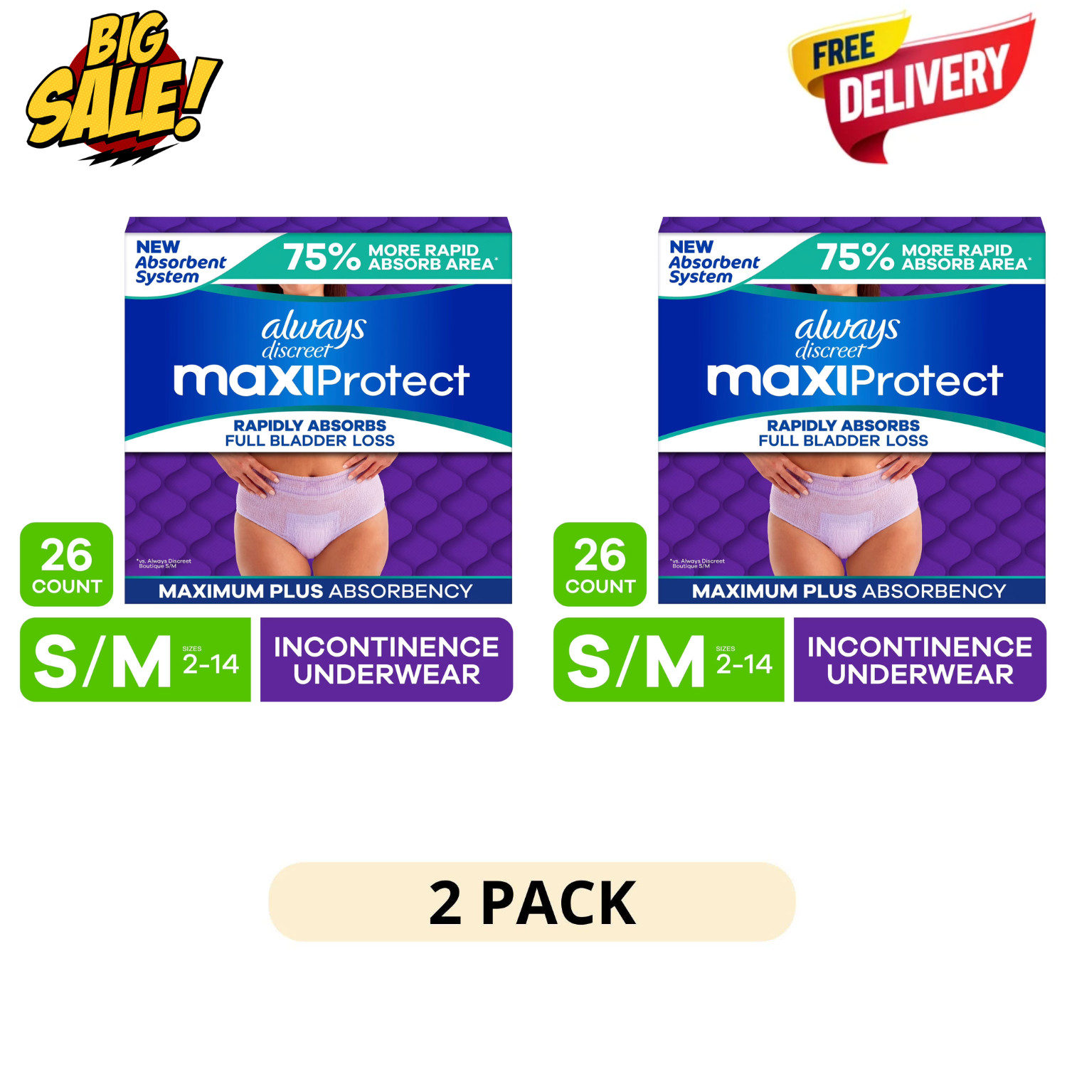 2 Pack Always Discreet Womens Underwear L 24Ct MaxiProtect Max Plus Absorbency