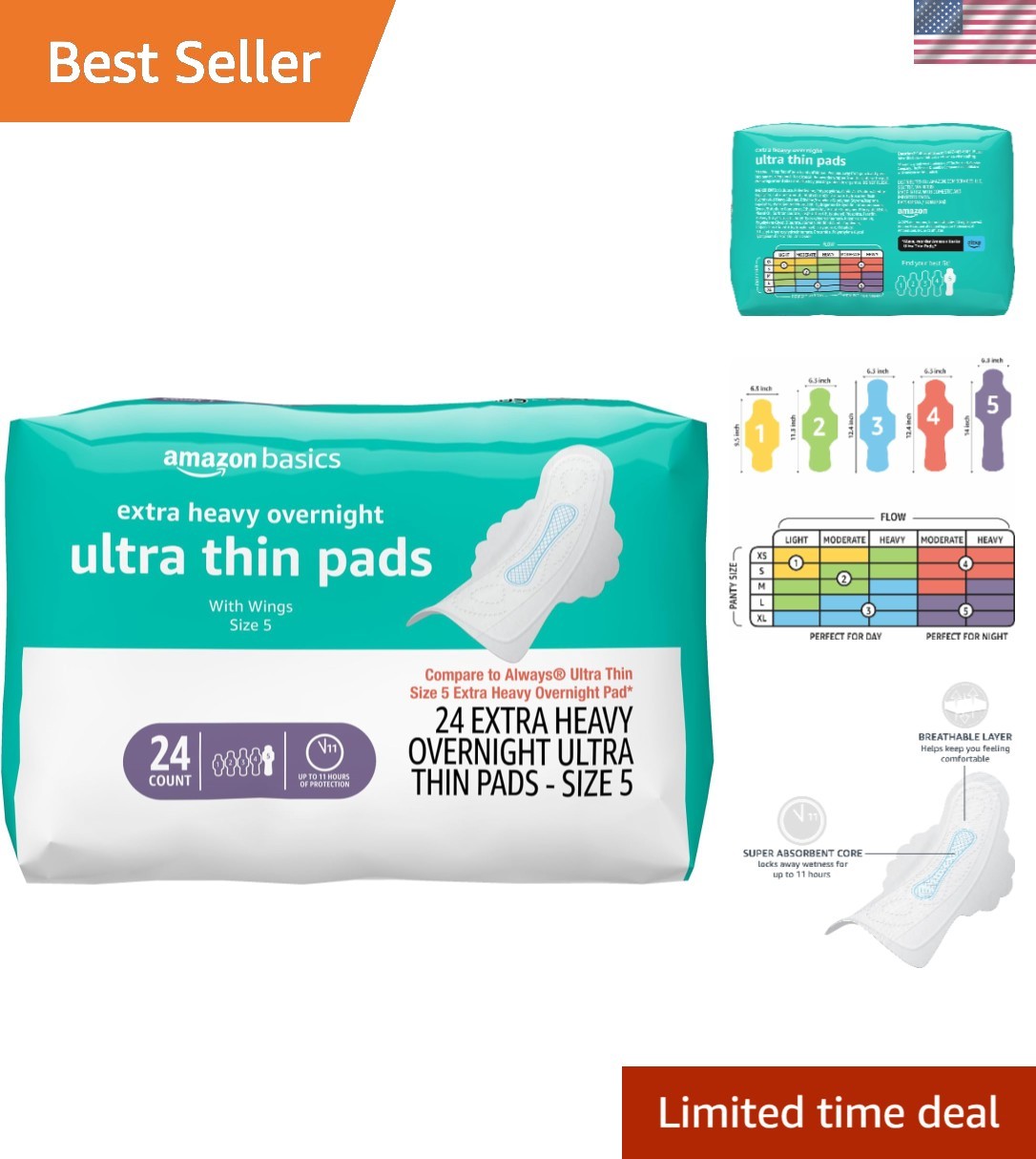Extra Heavy Absorbency Ultra Thin Pads, Size 5 – Unscented & Discreet 24 Count