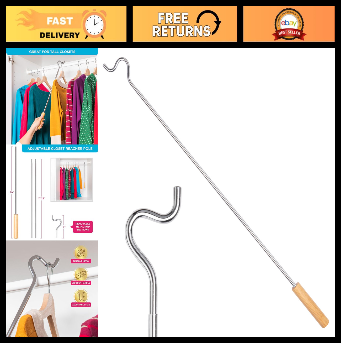 Adjustable Closet Reacher Pole with Hook – 2.75-5ft Heavy Duty Steel Hanger for