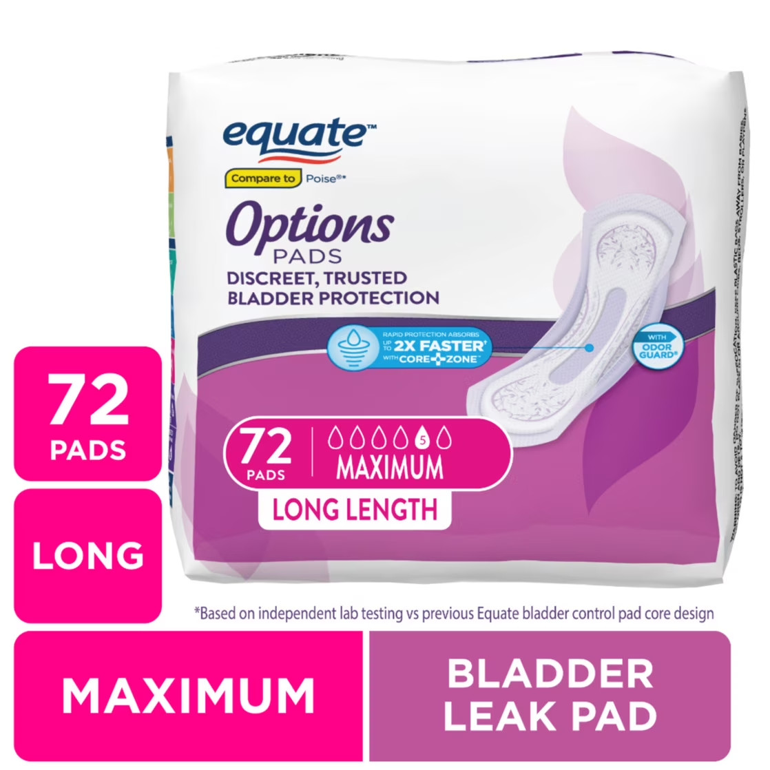 Options Women’s Incontinence Pads Extra Coverage, Maximum, Long Length, 72 Count