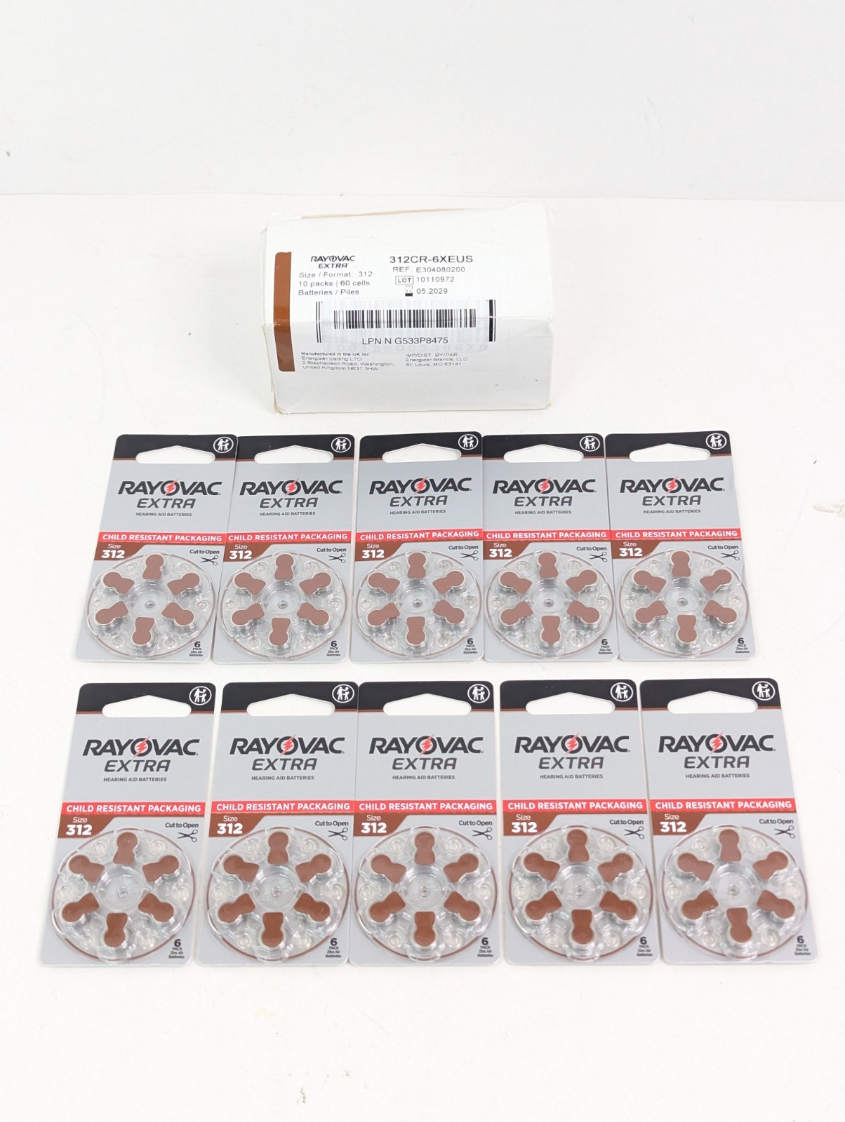 Rayovac EXTRA 312 Brown Hearing Aid Batteries 312CR-6XEUS Exp 05/2029 60 Pack