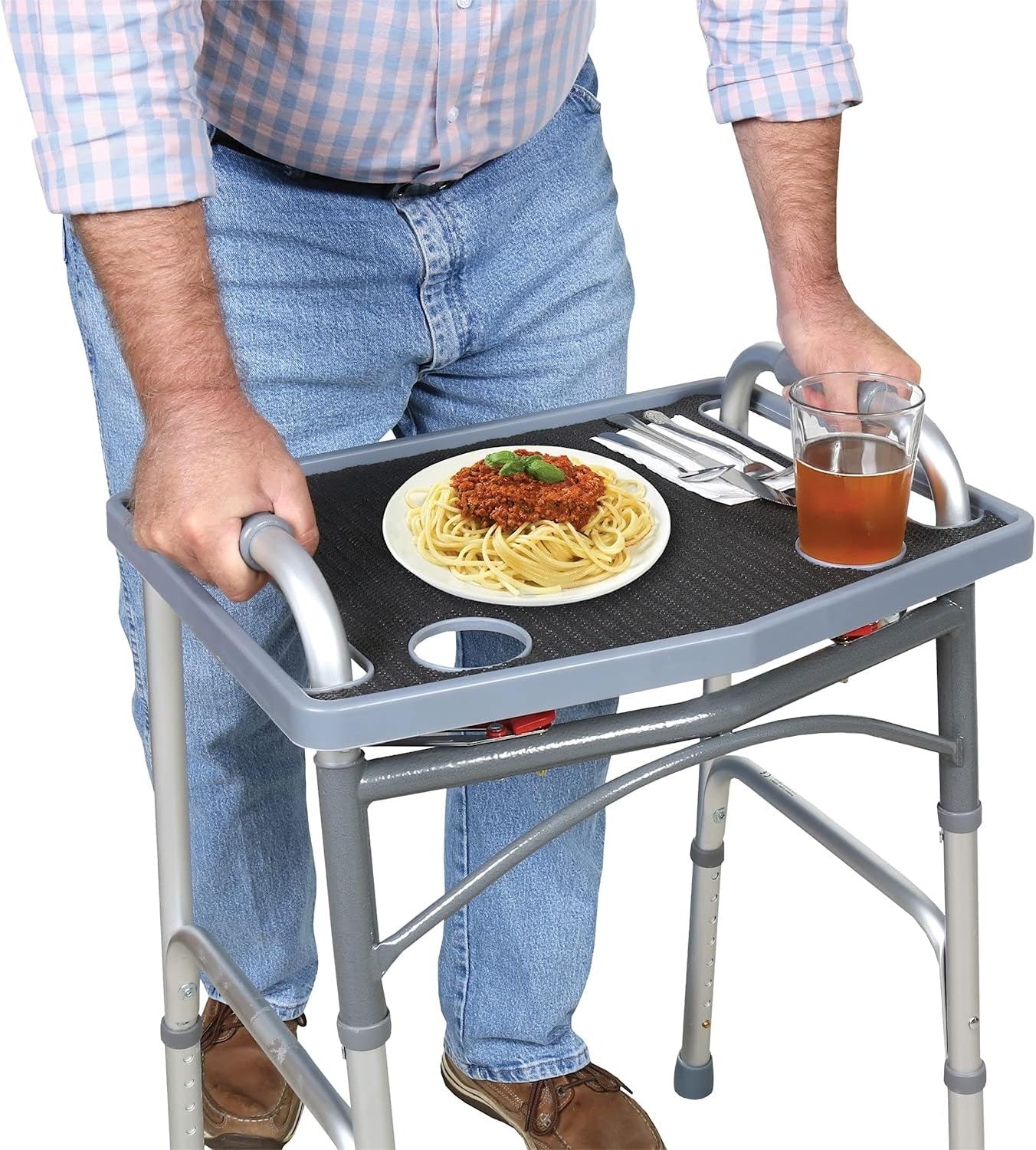 Walker Tray Table Non-Slip Mat Mobility Accessories Cup Holder (21″x16″) – Gray