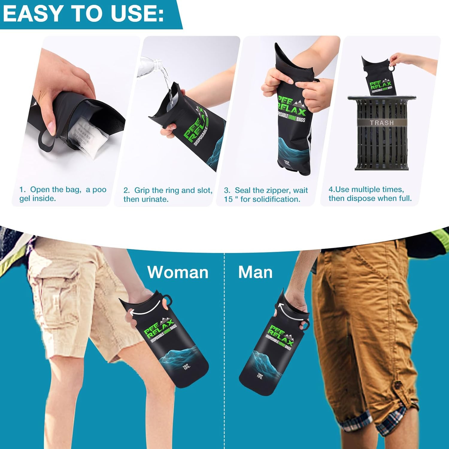 TRIPTIPS 1000Cc Pee Bags for Travel for Women Men Kids, 12/24 Pcs Disposable Uri