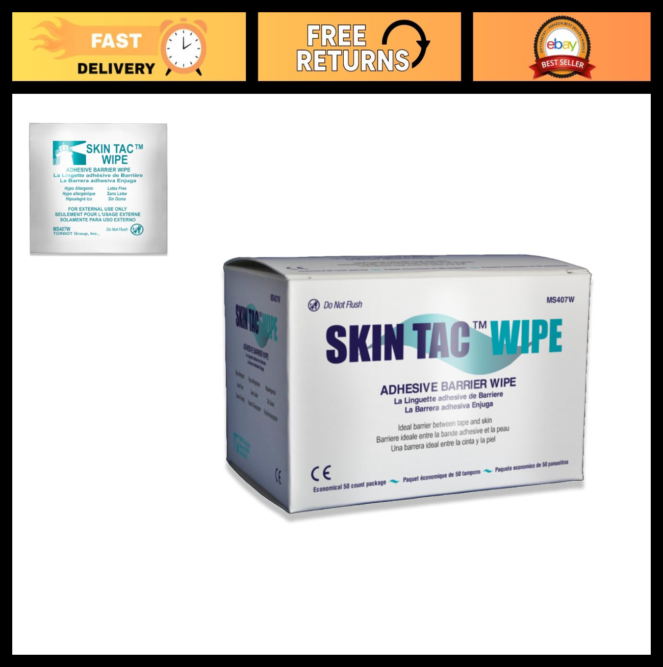Skin Tac Adhesive Barrier Prep Wipes, Liquid, Latex-Free, Hypoallergenic, 50 Pac