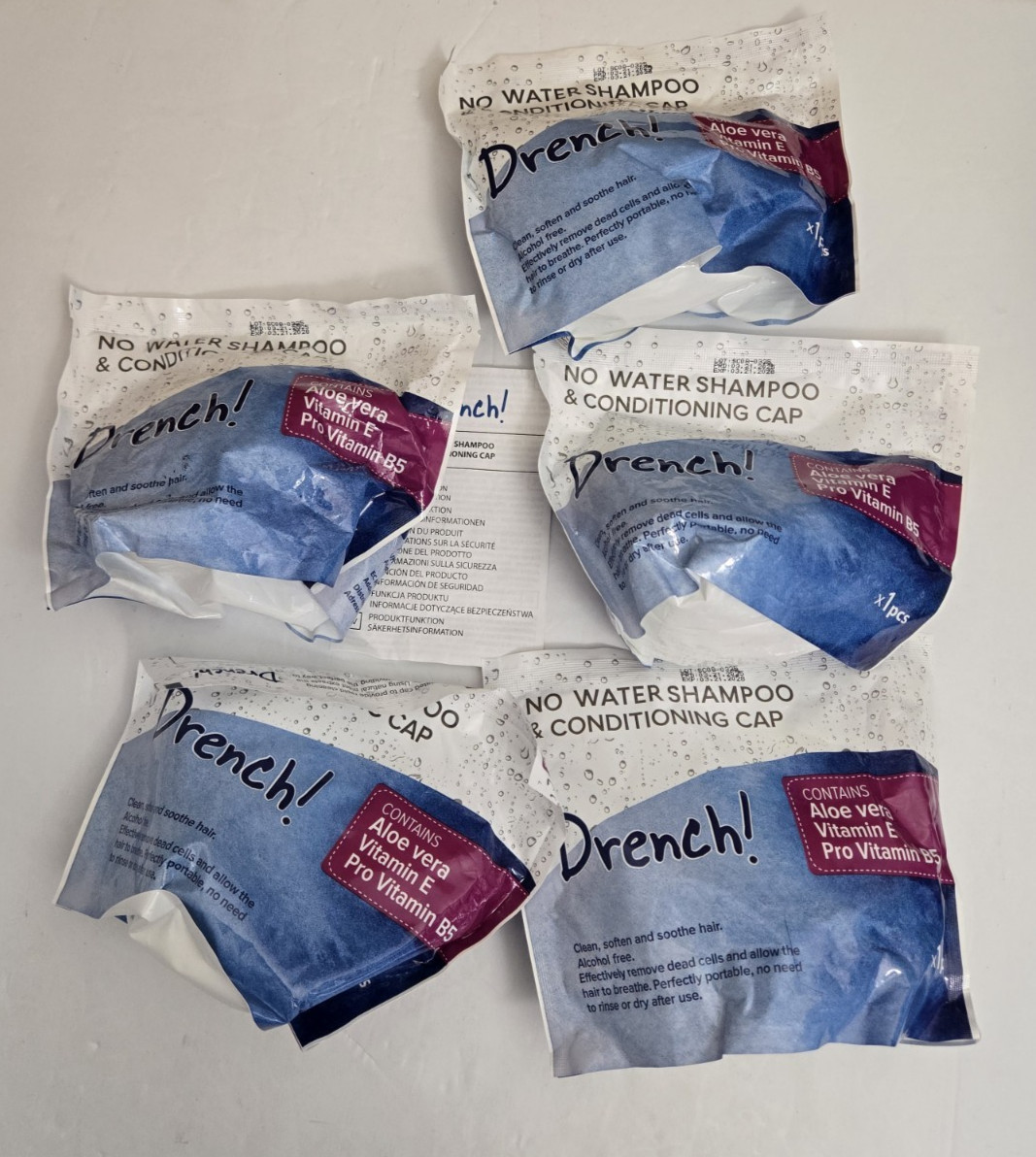DRENCH! 5 Pk No Rinse Shampoo & Conditioning Cap aloe Vera Exp 3/28 Hair Aid
