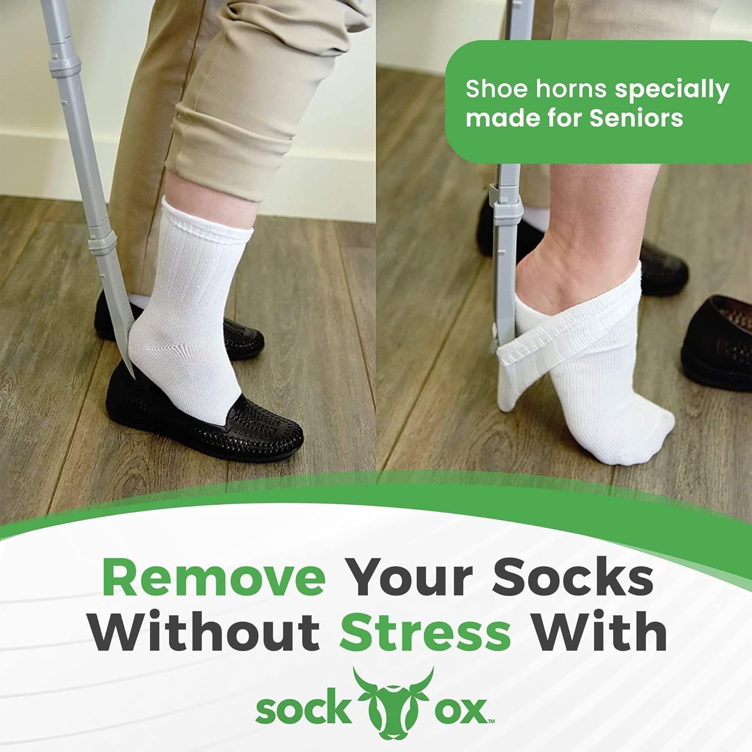Sock Ox Adjustable Aid with Long Handle Shoe Horn – Effortless Dressing Solution