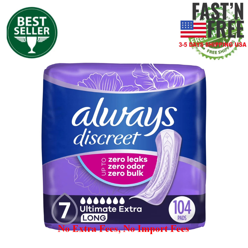 Always Discreet Incontinence Pads Women, Ultimate Extra Protect, Long, 104 Count