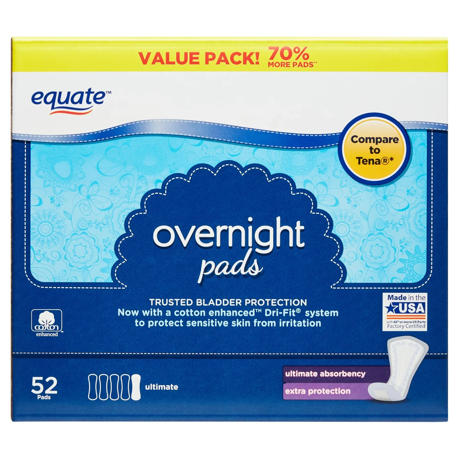 156 Count Equate Overnight Women’s Incontinence Pads Absorbency Ultimate (3x 52)
