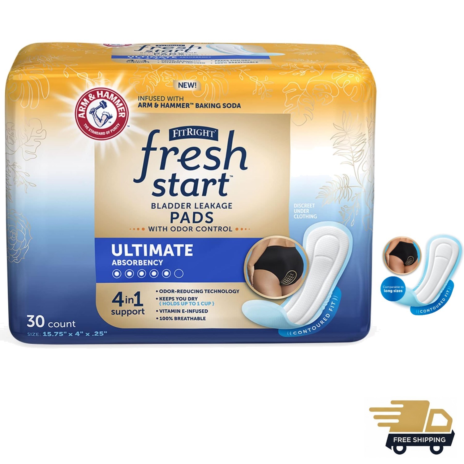 30 Count FitRight Incontinence & Postpartum Pads with ARM & Hammer Odor Control