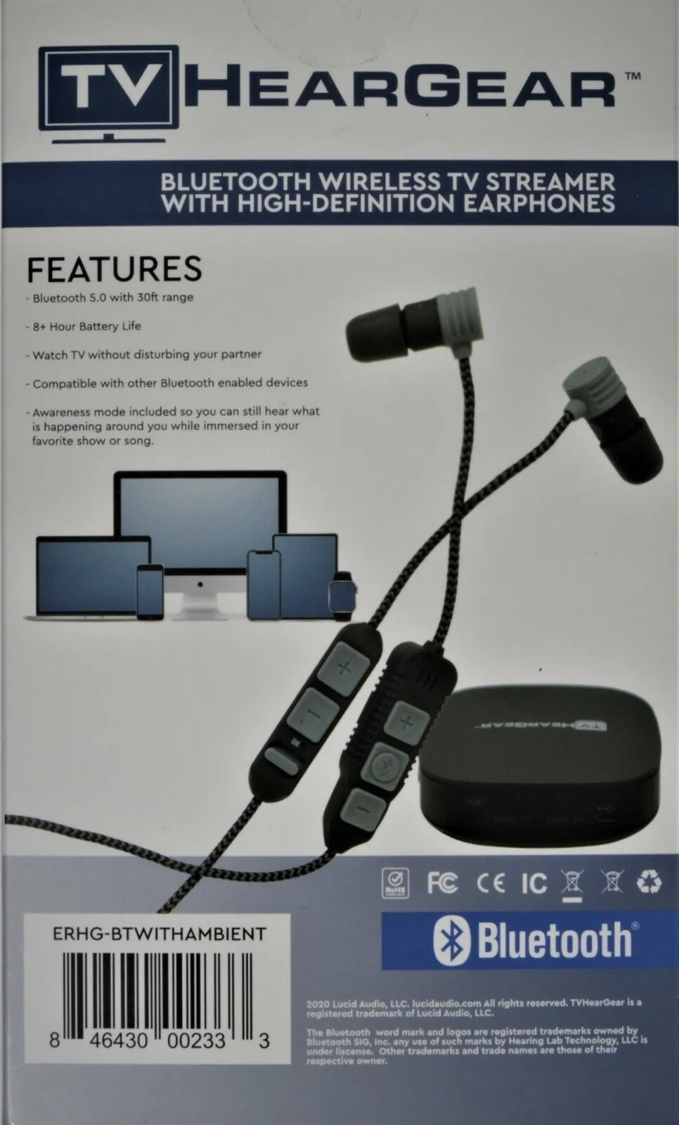 TV HearGear Bluetooth Wireless TV Streamer with HD Earphone. Brand New/Sealed