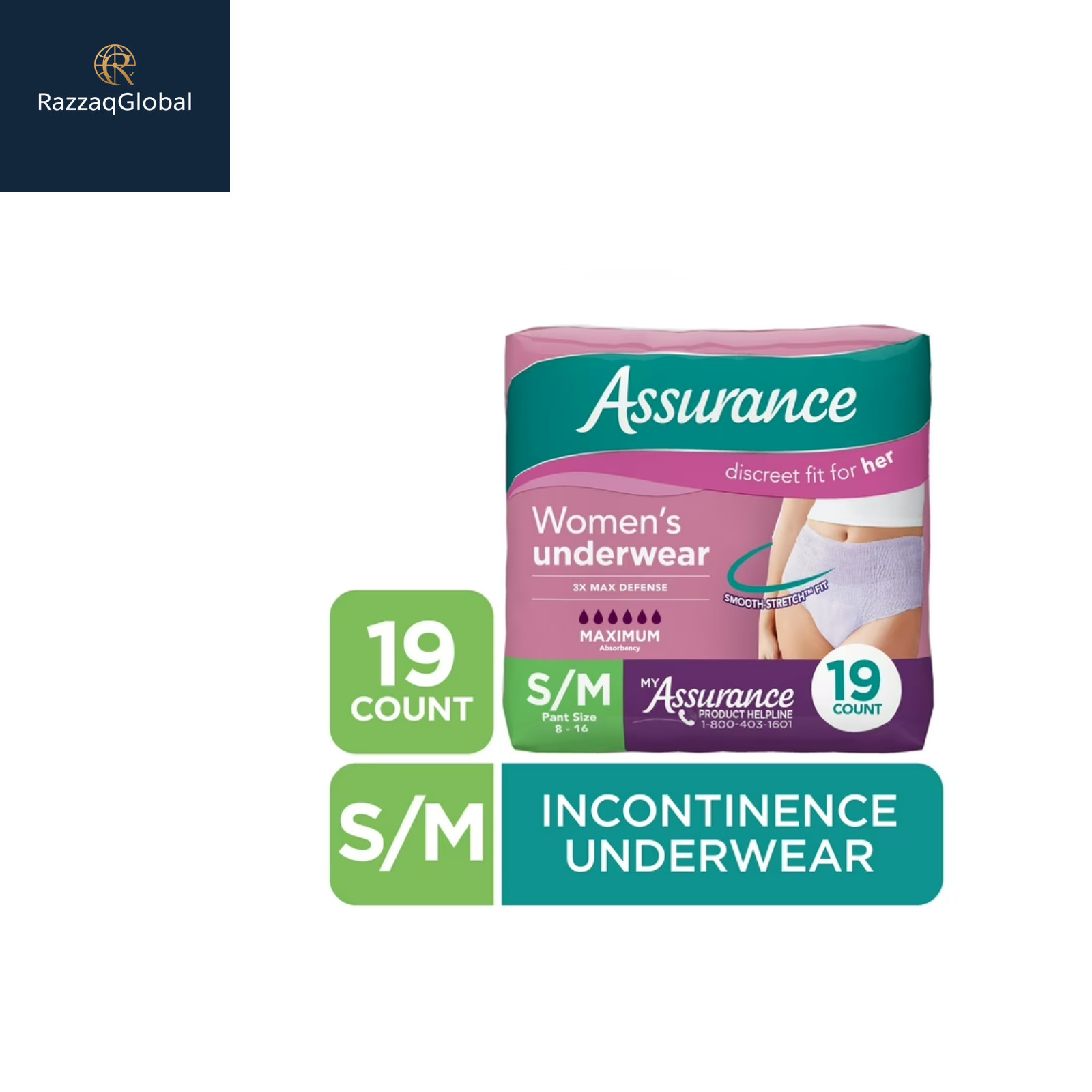 Assurance Women’s Incontinence and Postpartum Underwear, S/M, Maximum 19 Ct