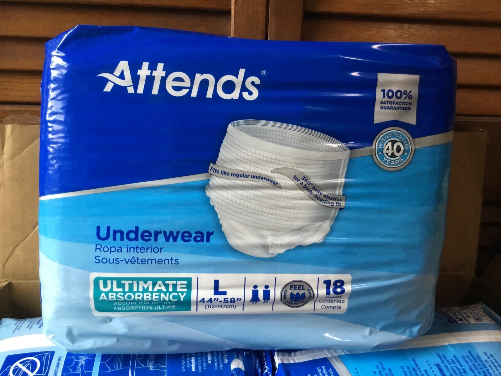 4 PACKAGES 18 each ATTENDS/DEPENDS L MENS WAIST 44″-54″ PERSONAL BRIEFS TOTAL 72