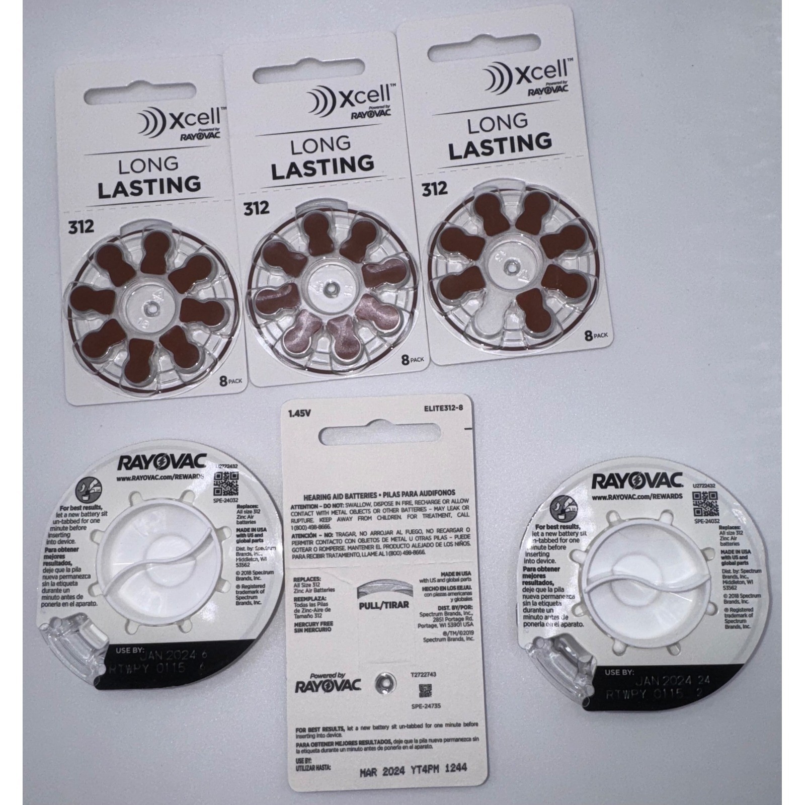 Lot of 6 Rayovac Xcell 312 Hearing Aid Batteries Brown Tab 8-Pack 48 Total 1.45V