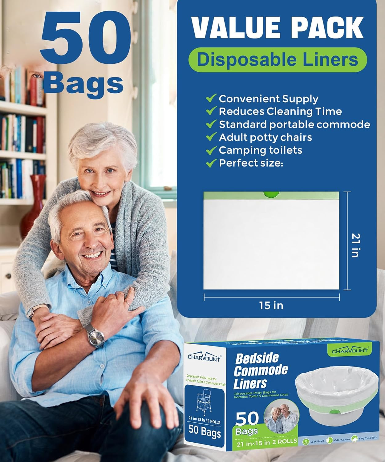 Bedside Commode Liners, Disposable Commode Bags with Drawstring, Leakproof Unive
