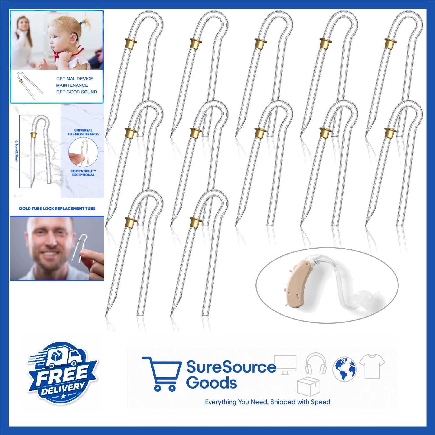 Replacement Hearing Aid Tubes 3.5 x 2 mm 12 Pcs Earmold with Gold Lock