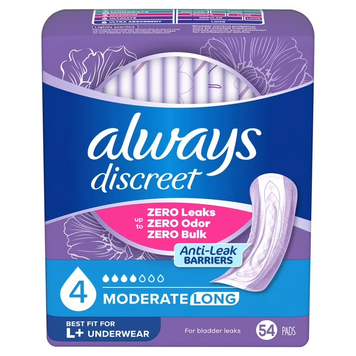 Always Discreet Incontinence Long Length Pads, Moderate Absorbent, Size 4-54 Ct