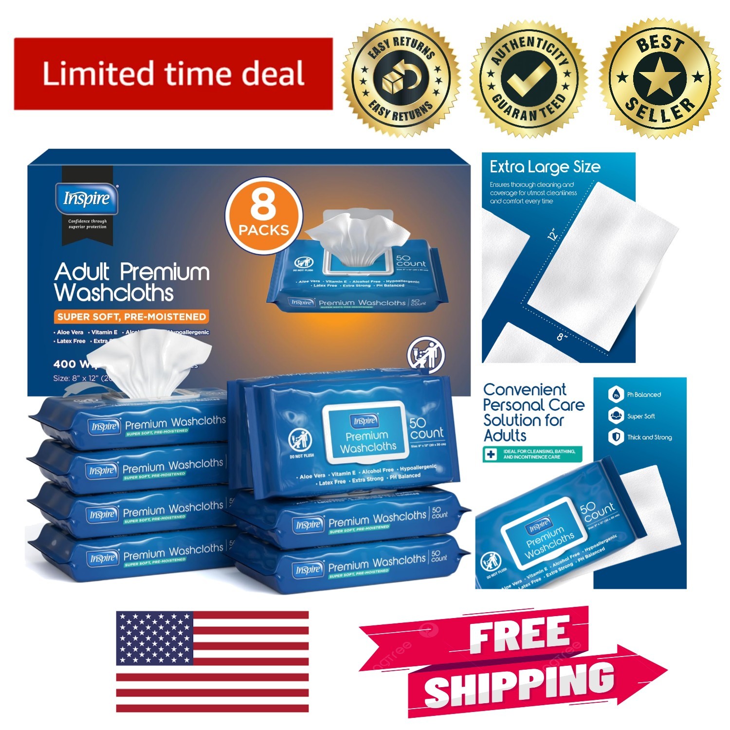 Hypoallergenic Adult Cleansing Wipes with Aloe & Vitamin E – 400 Pack of 8″x12″