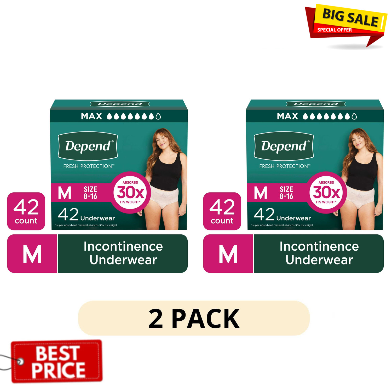 2 Pack Depend Fresh Protection Womens Underwear M 42Ct Incontinence Adult Diaper
