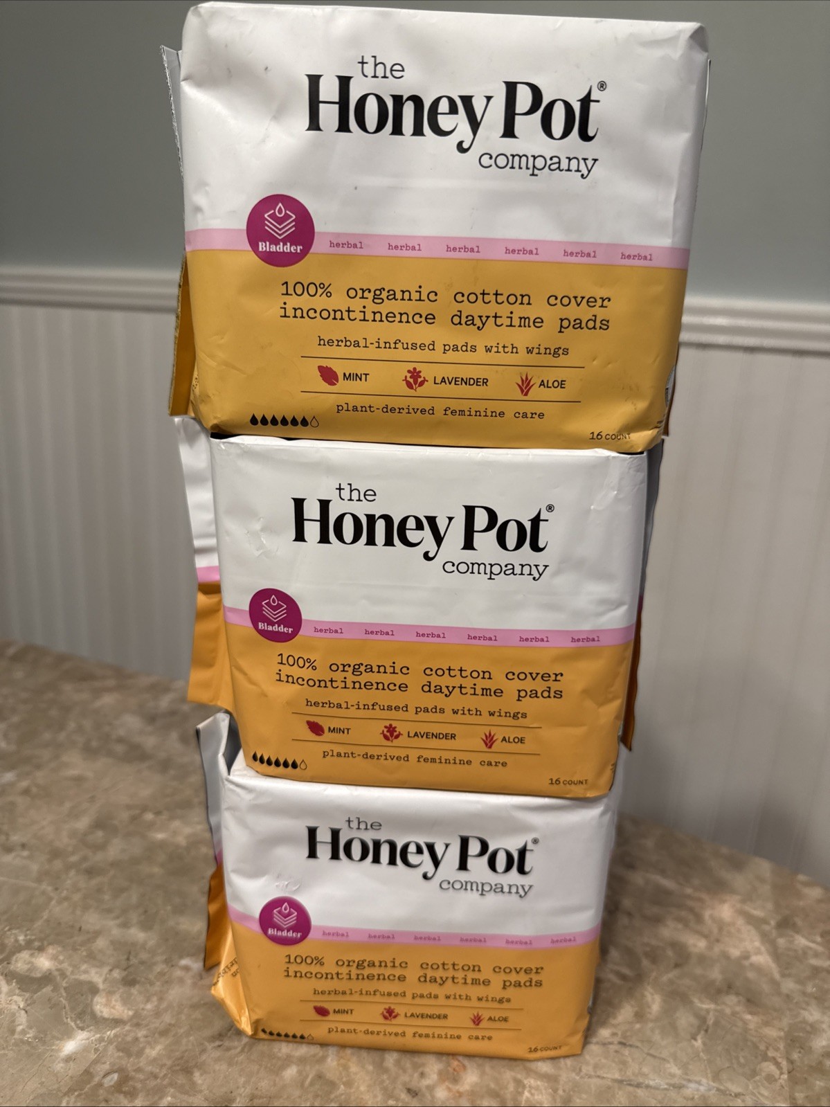 3 HONEY POT Incontinence Daytime Herbal-Infused 100% Cotton Pads Wings 16 X 3