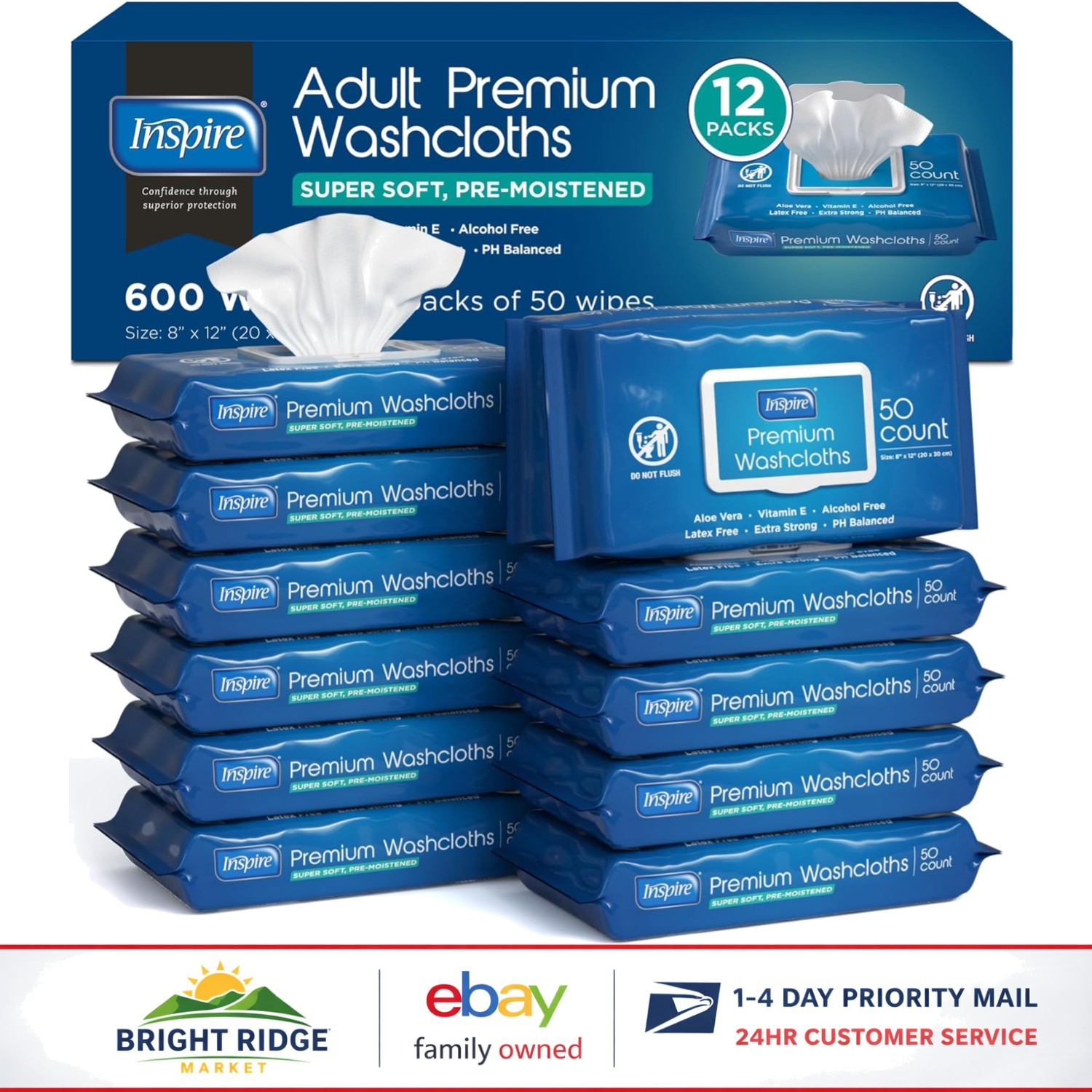 Adult Wet Wipes for Incontinence Care with Aloe Vera and Vitamin E, 600 Count