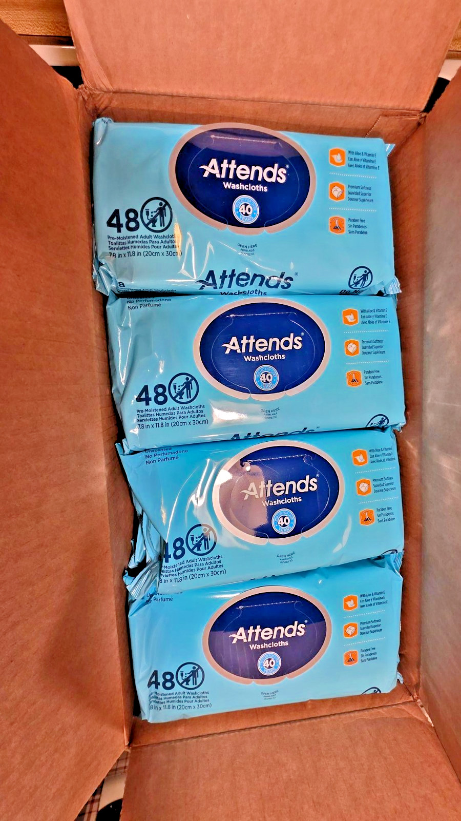 Attends Washcloths Unscented 48 Count 7.8″x11.8″ 12 packs one whole box