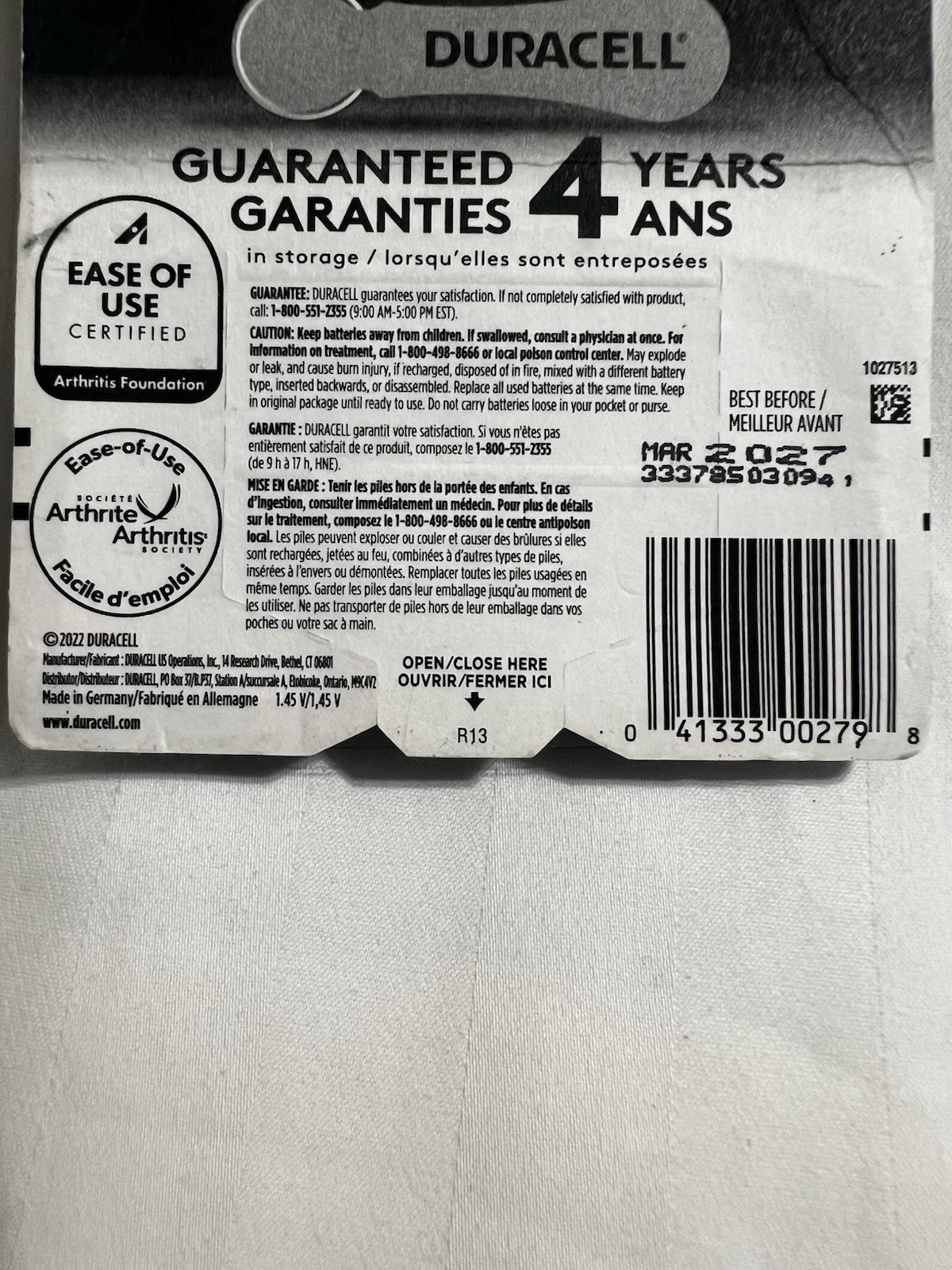 DURACELL 312 Zinc Air 1.45 V~ 8 Batteries~ DA312B8~ Expire 3/27 for HEARING AID