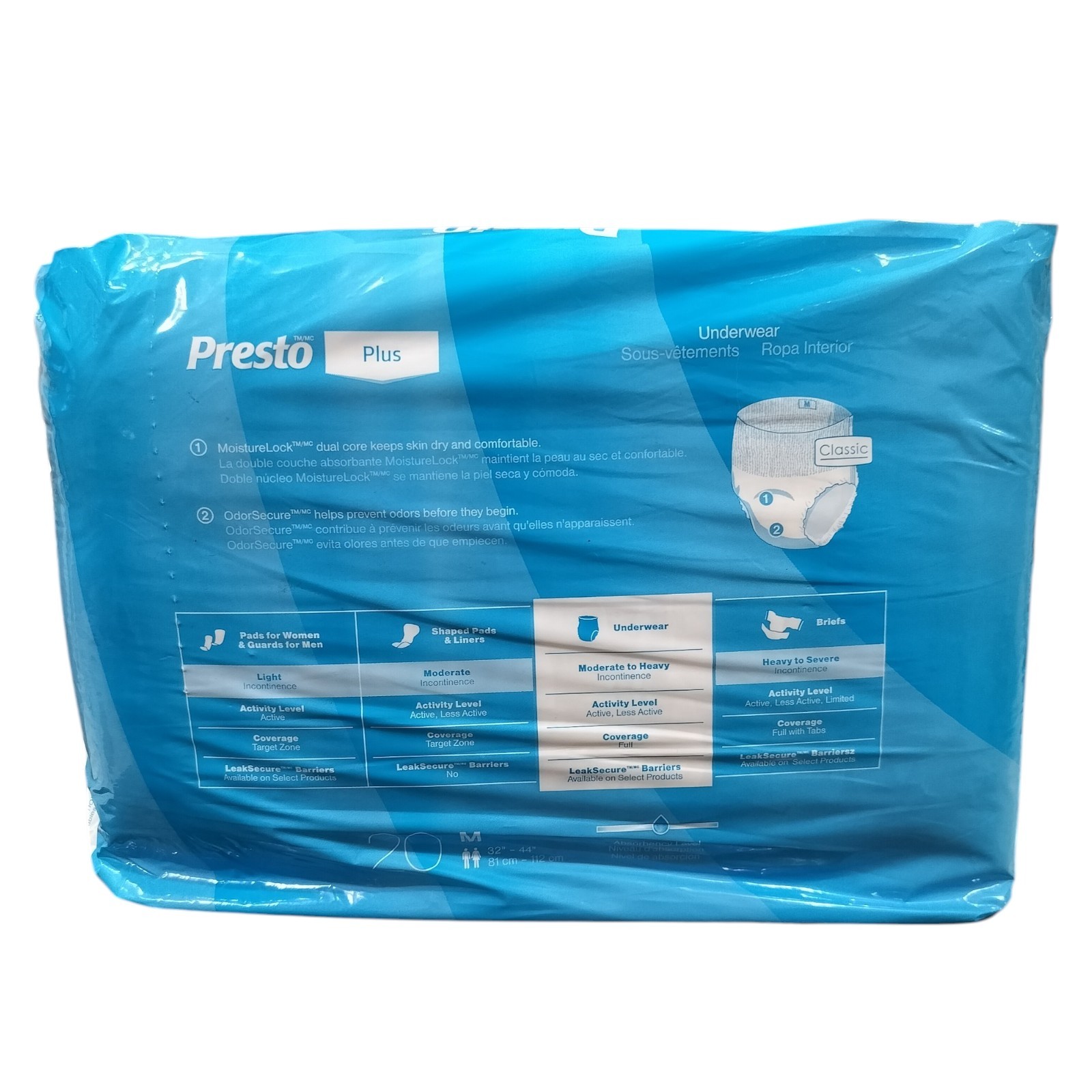 PRESTO Daily Underwear Classic Adult Size M (32″-44″) Incontinence 20 Count