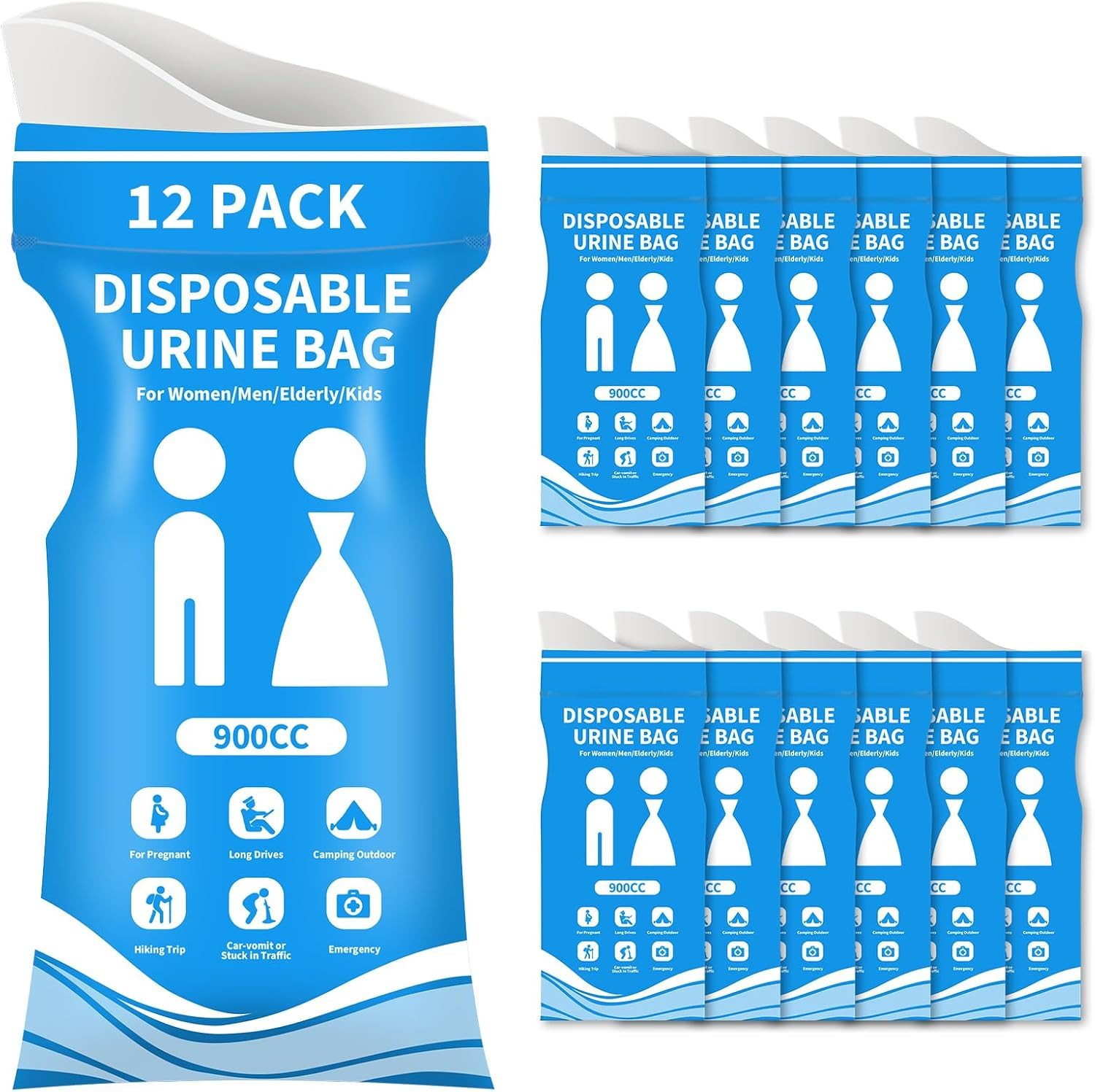 Disposable Urine Bags 12 Pcs, 900ML Pee Bags for Travel for Women and Men, Emerg