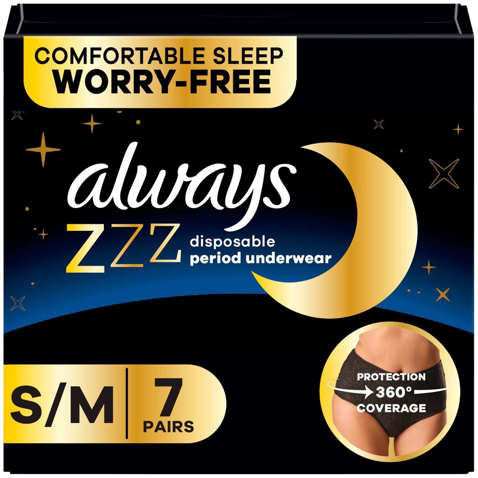 Always ZZZ Overnight Disposable Period Underwear Size S-M, 7 Count