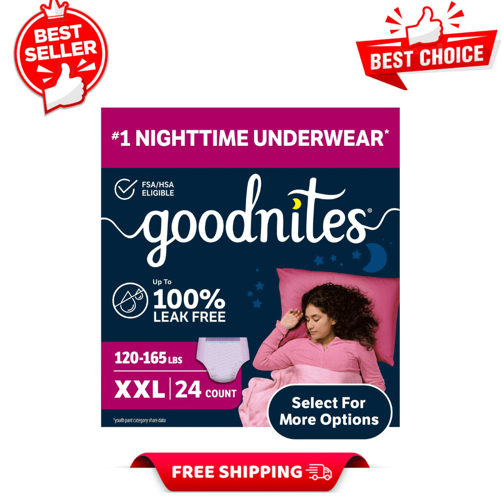 Goodnites Girls’ Nighttime Bedwetting Underwear, Size XXL (120-165 lbs), 24Count