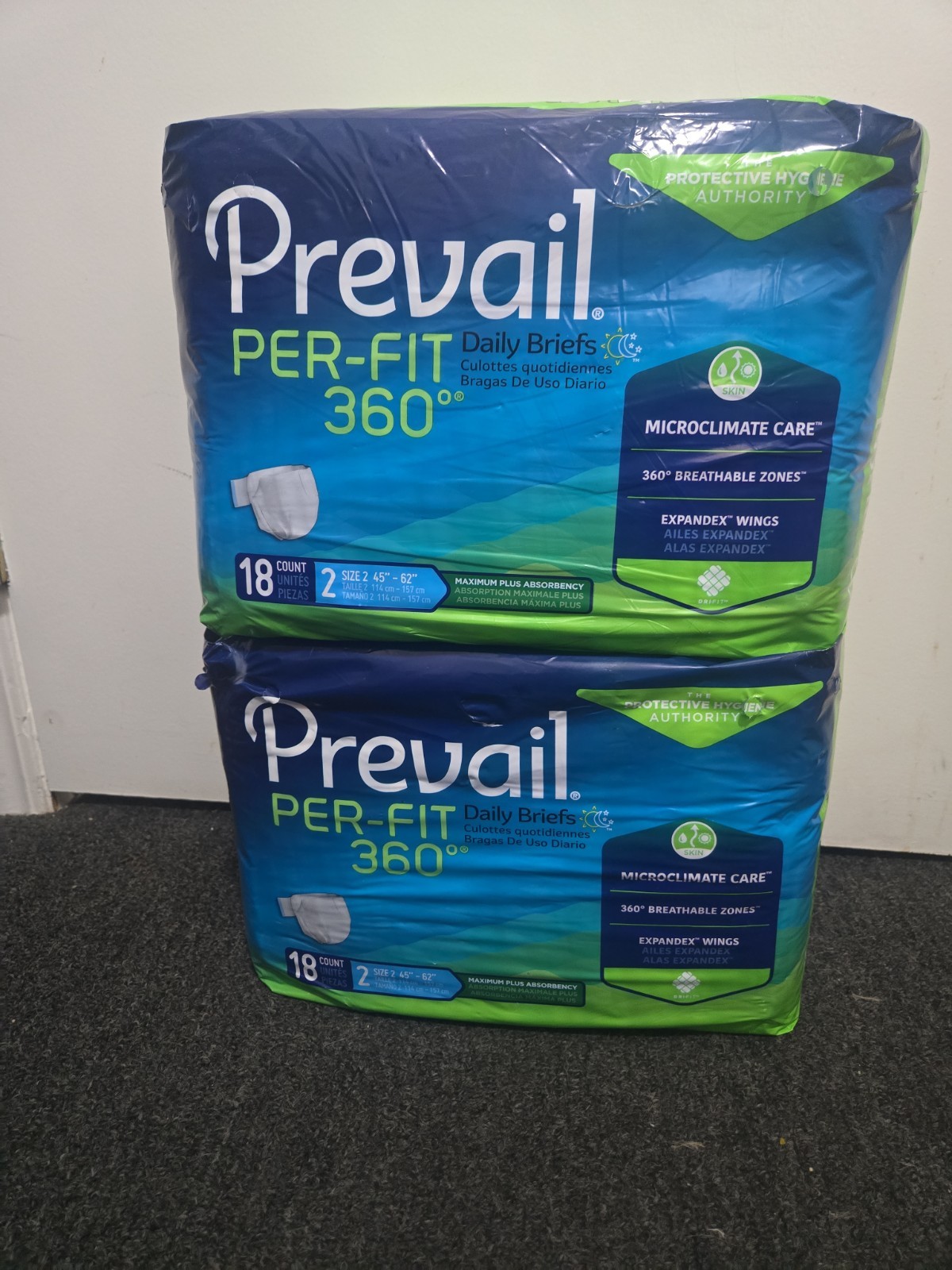 Lot of 2 Prevail Per-Fit 360* Daily Briefs Maximum Plus 18 Ct – Size 2