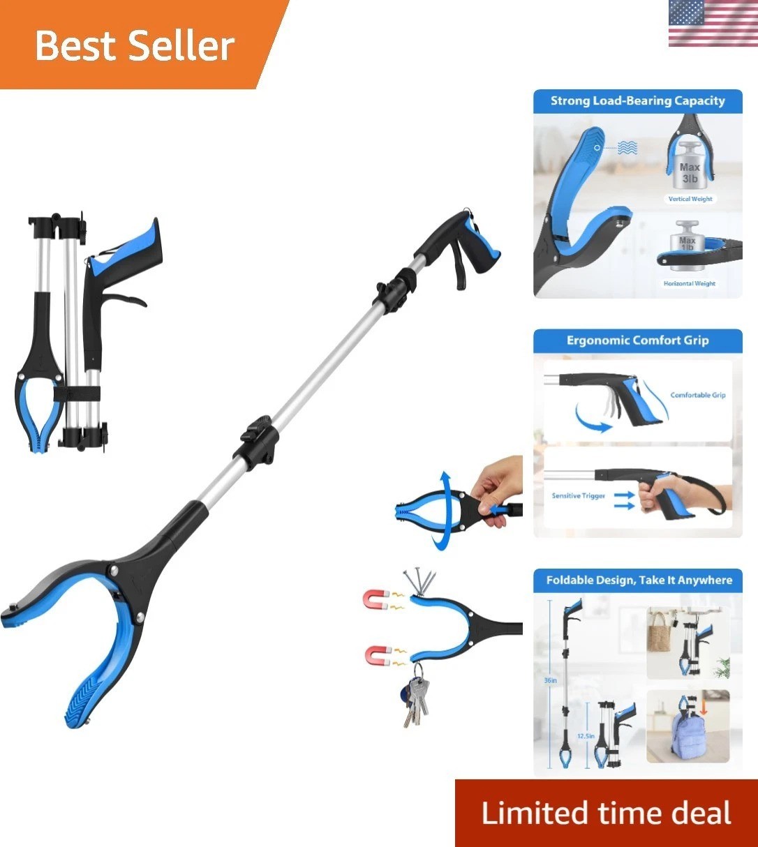 Ergonomic 36-Inch Grabber Tool for Limited Mobility – Foldable & Adjustable