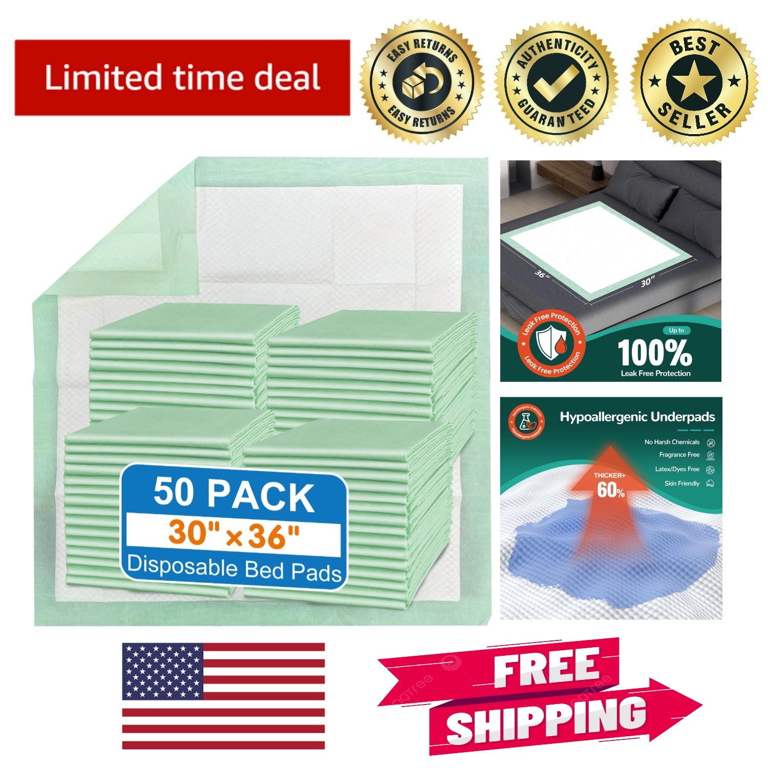 Multipurpose Soft Bed Pads 30″x36″ – 50 Count Heavy Duty Disposable Underpads