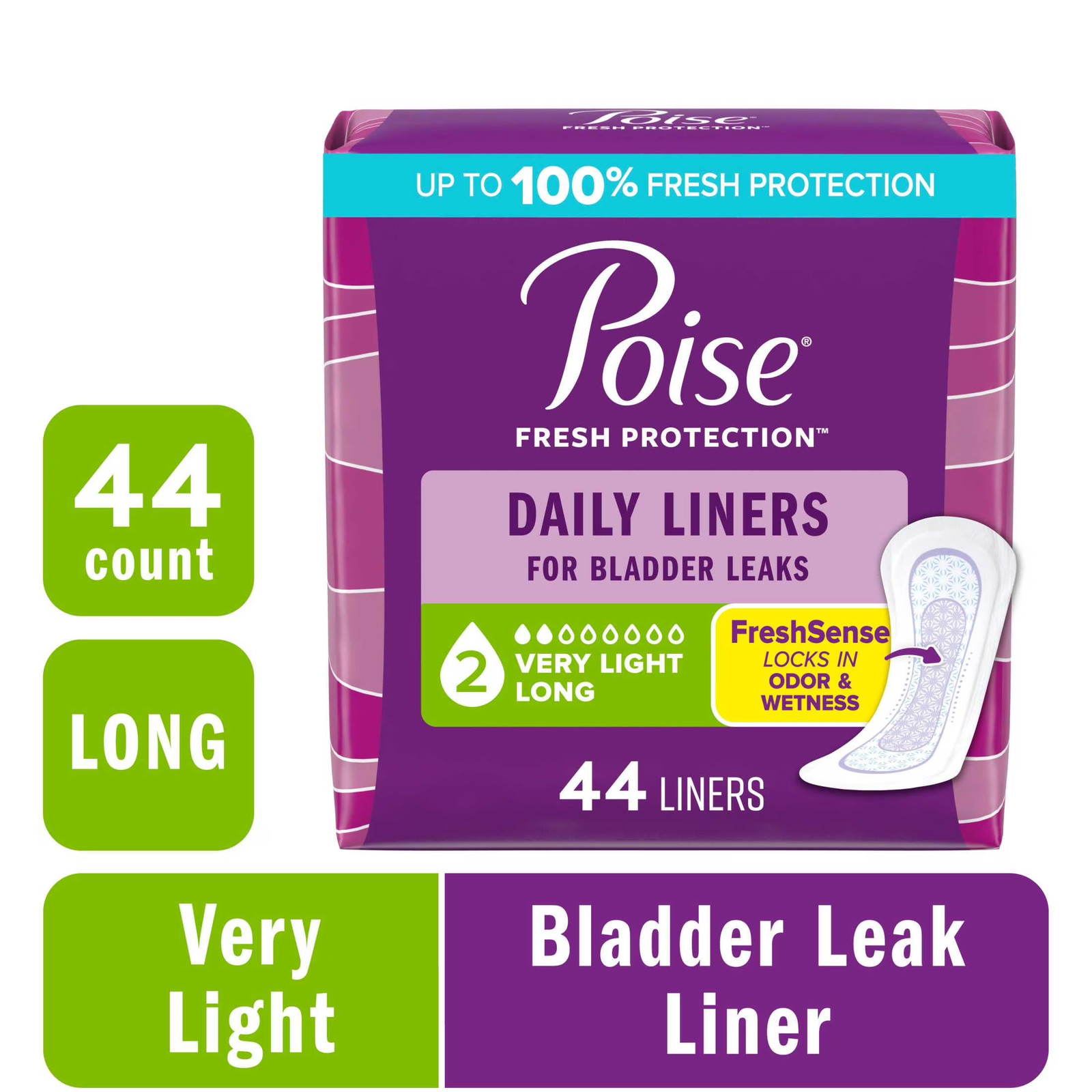 Daily Incontinence Panty Liners, 2 Drop Very Light Absorbency, Long, 44 Count