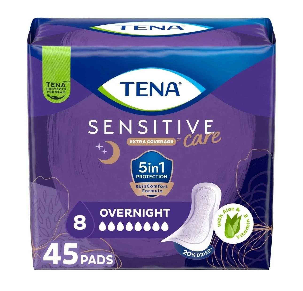 Tena Sensitive Care Extra Coverage Overnight Incontinence 45 Pads NEW