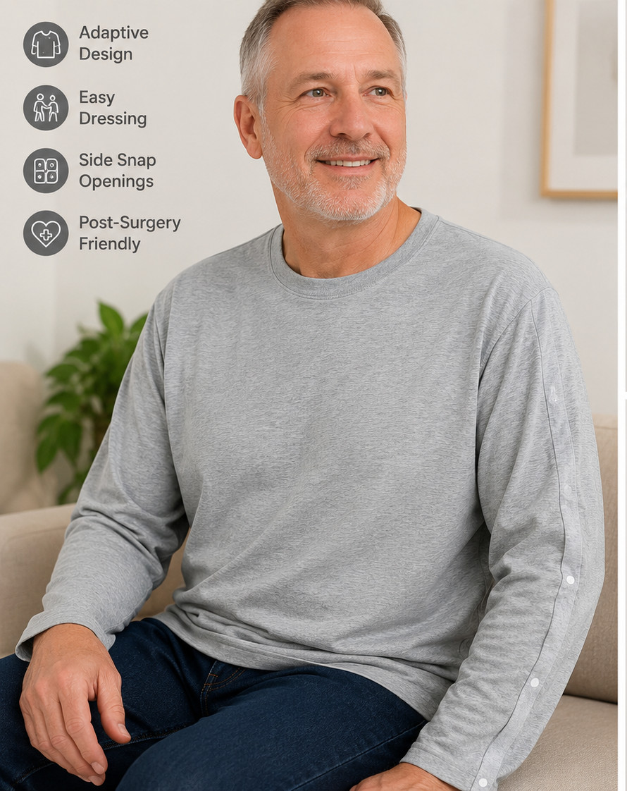 Deyeek Adaptive Long Sleeve LShirt Gray Side Snap Easy Dressing Disability Care