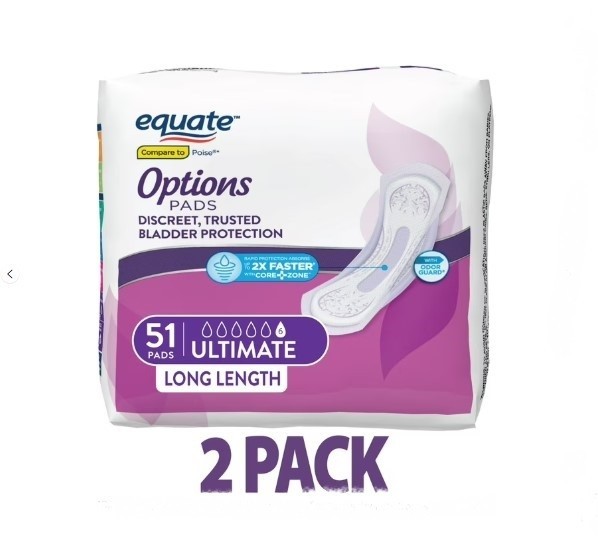 Equate Options Women’s Incontinence Pads, Ultimate Absorbency, Unscented 2 packs