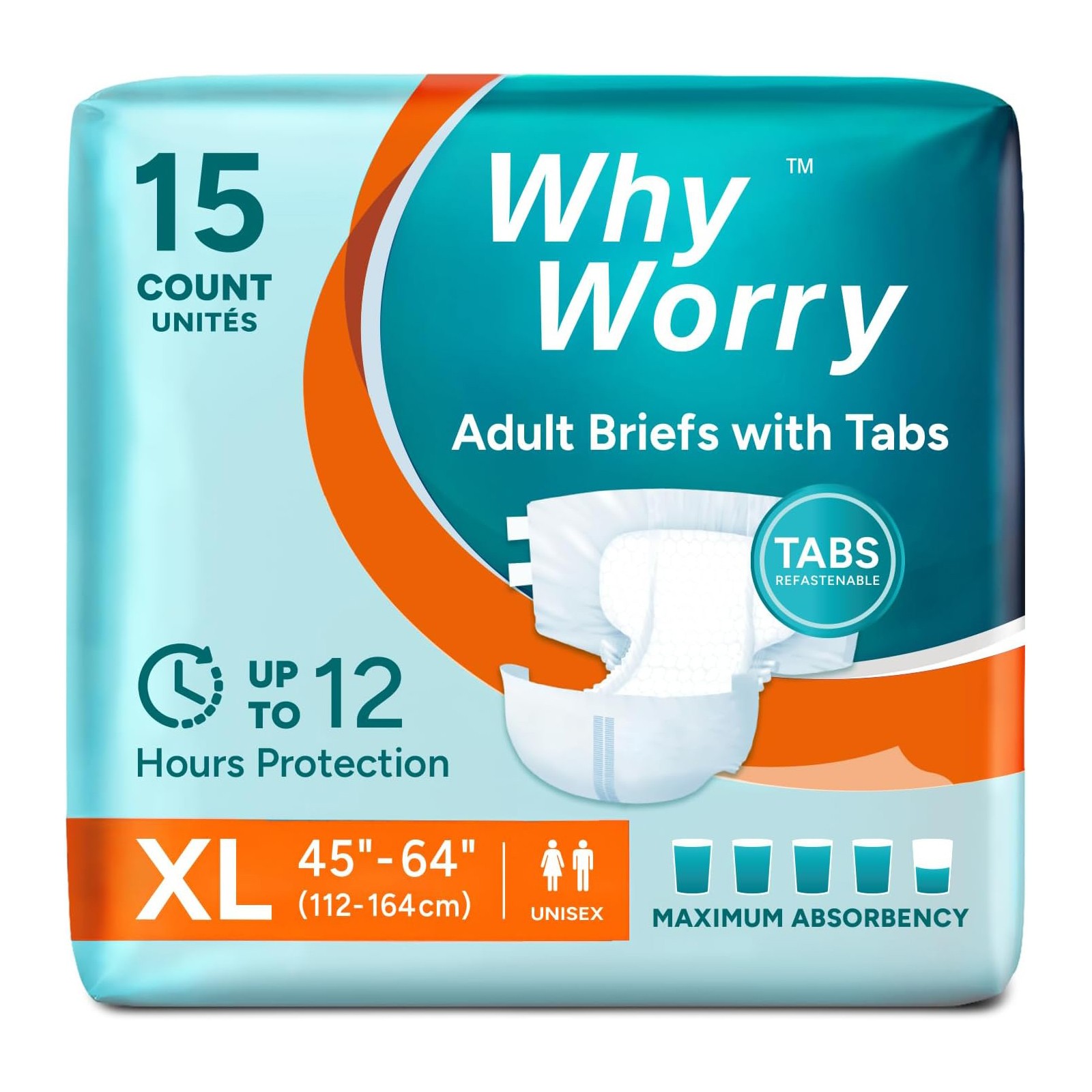 WhyWorry Adult Briefs with Tabs, XL, 15 Count, Unisex, Maximum Absorbency