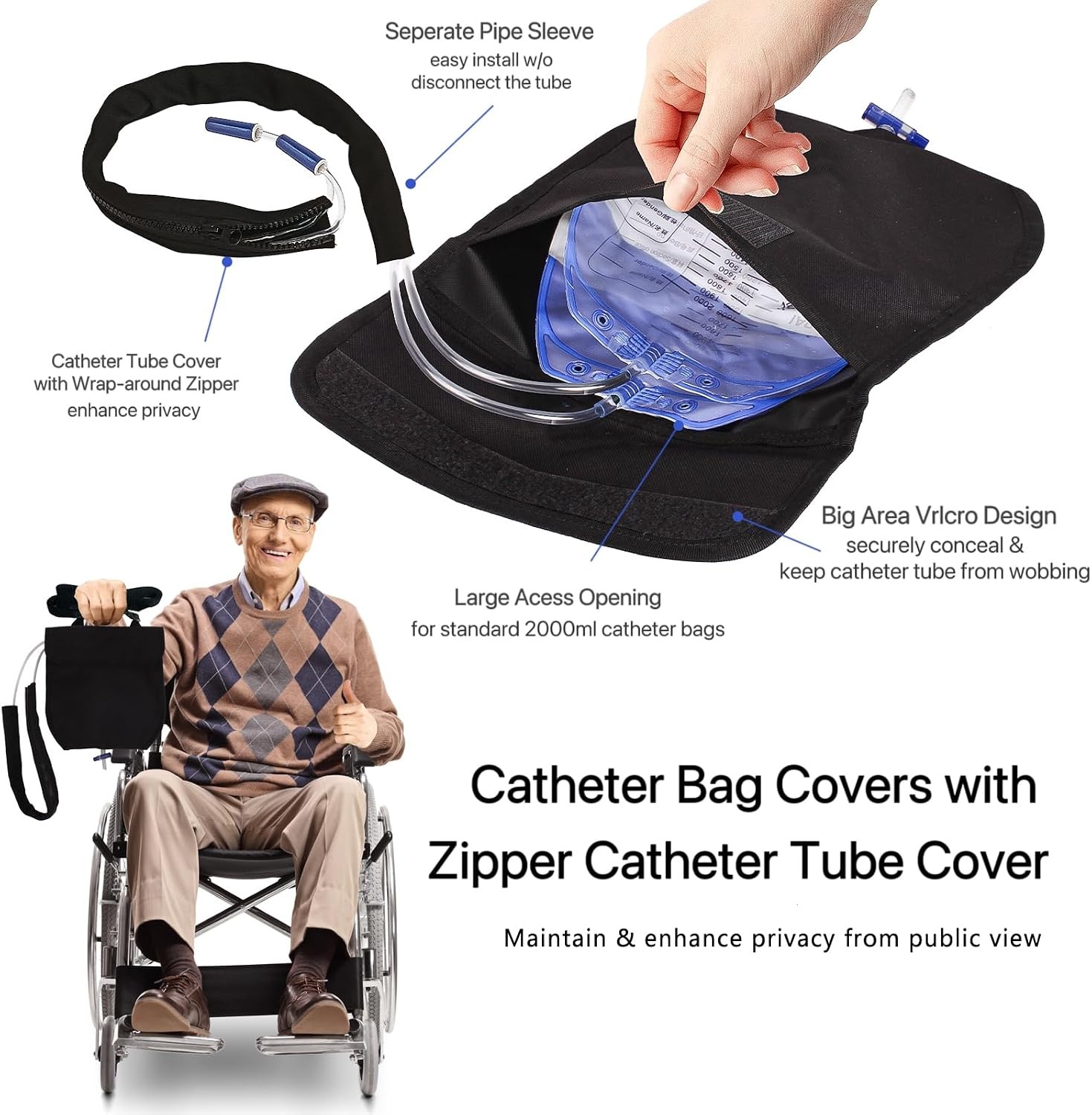 Urine Drainage Bag Holder Adjustable Catheter Bag Cover with Zipper Foley Cathet