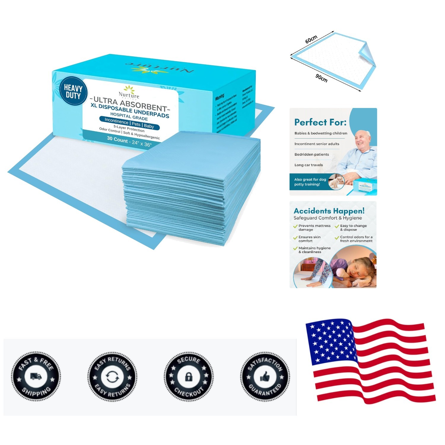 30 Heavy Duty 24 x 36 Ultra Absorbent Bed Pads by Nurture | Waterproof Dispos…