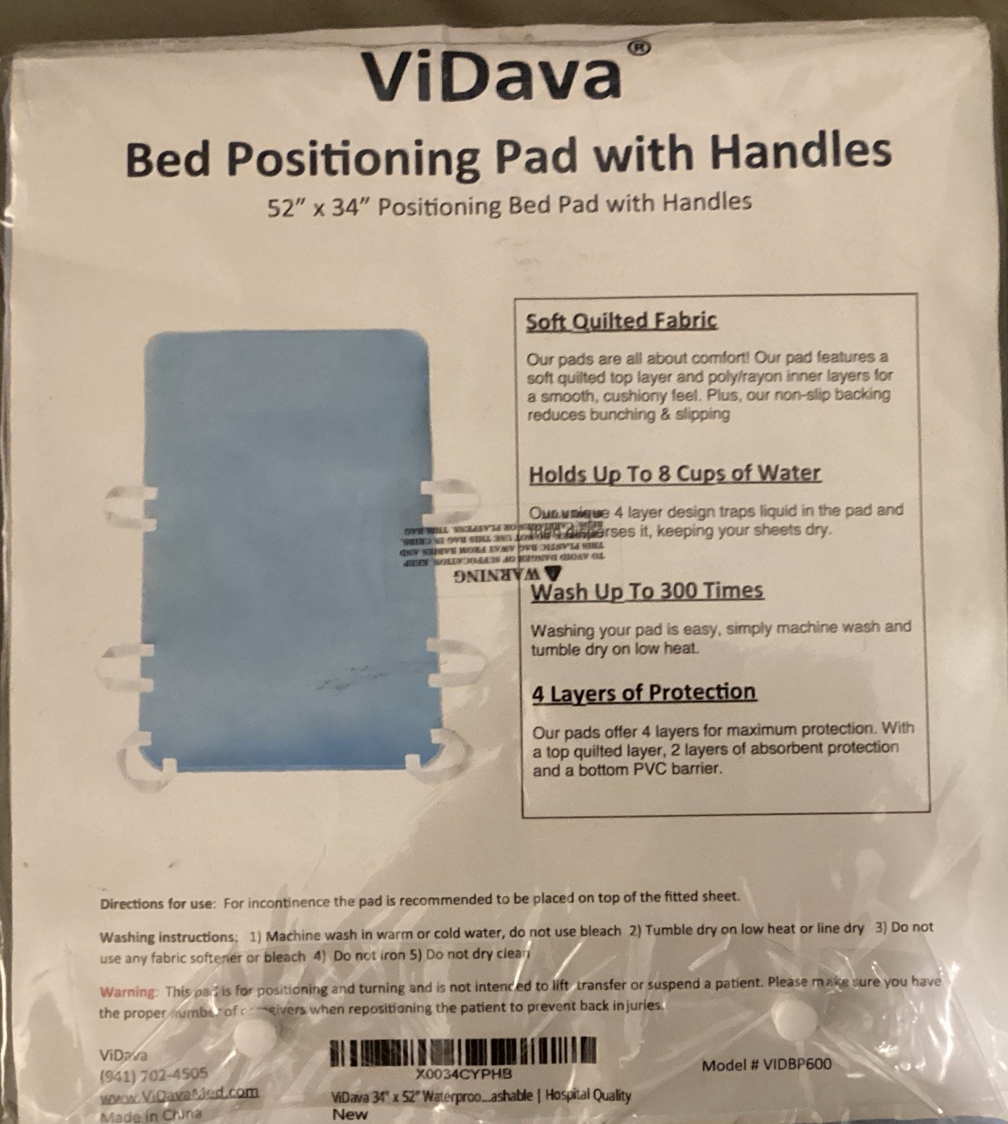 ViDava Bed Positioning Pad with Handles, Washable, Quilted Fabric