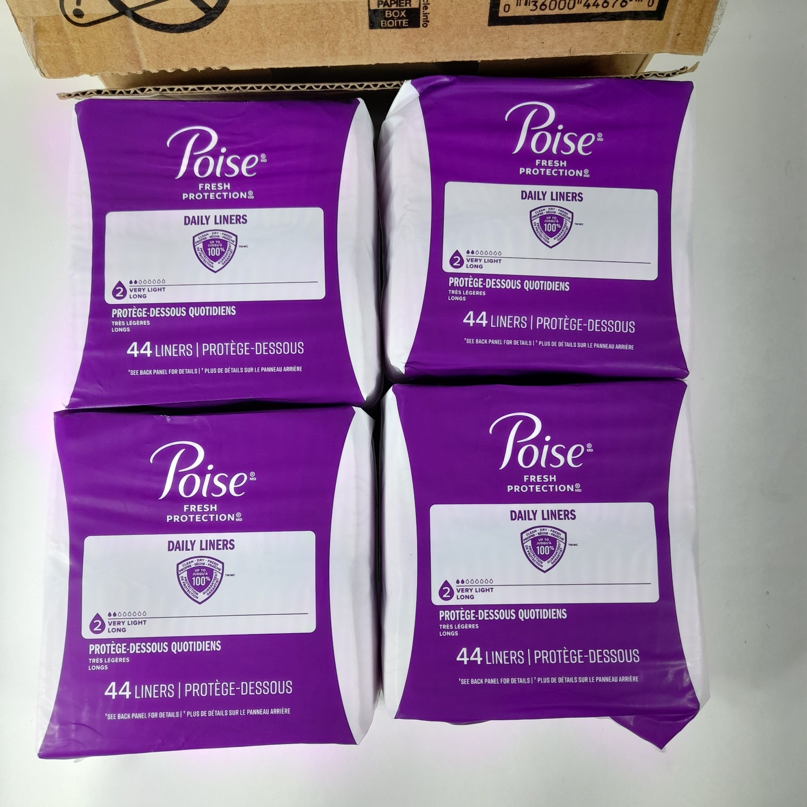 Total of 176 pads~ Poise Daily Liners Long Length Very Light 4x 44 Liners