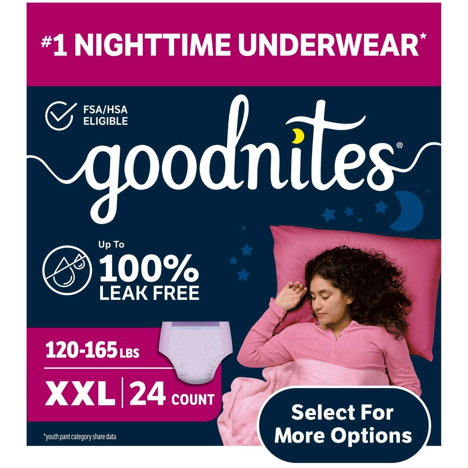 Goodnites Girls’ Nighttime Bedwetting Underwear, Size XXL (120-165 lbs), 24 Coun