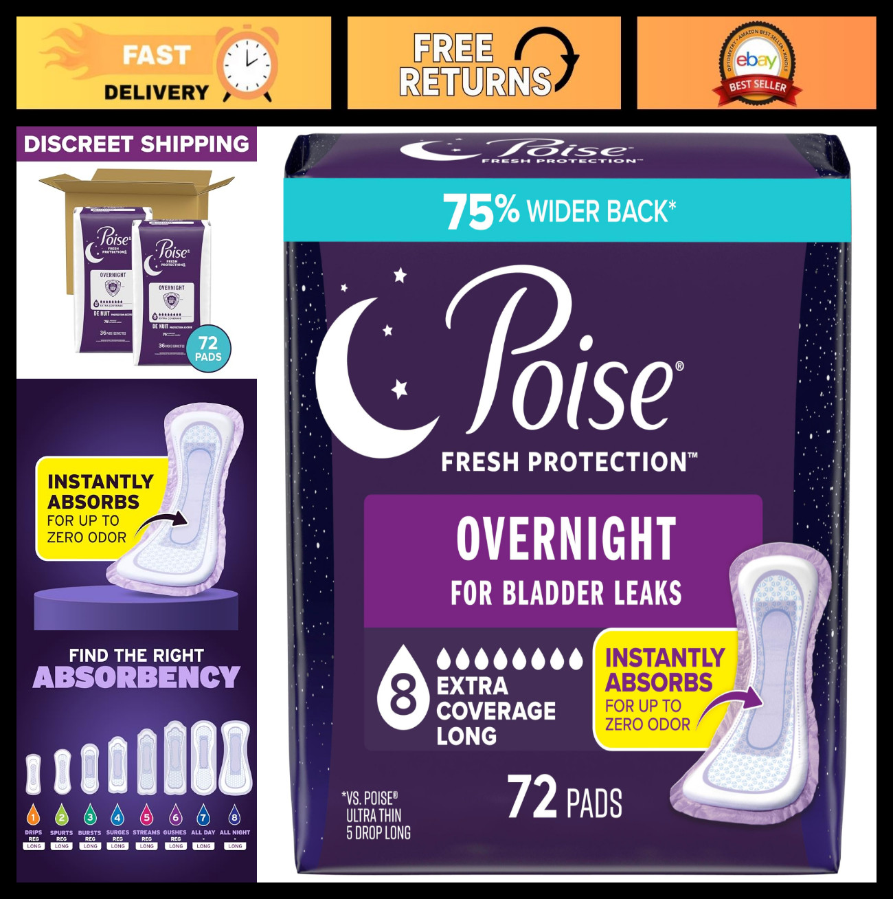 Overnight Incontinence & Postpartum Pads, Extra Coverage, 72 Count, Bladder Leak