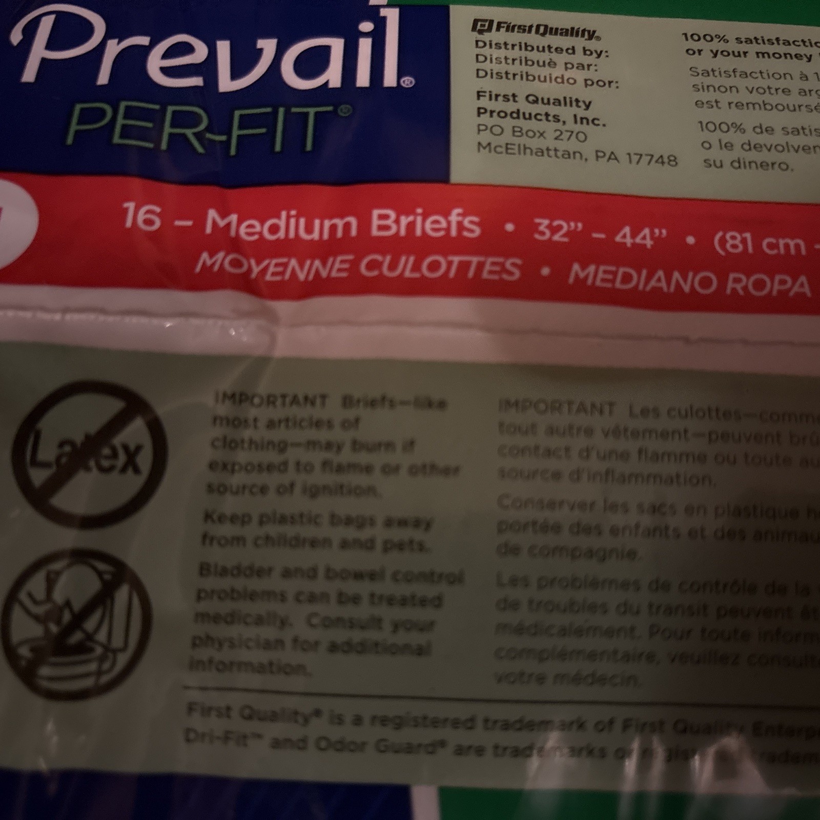 2- 16 In Each Pack Prevail Perfit Size Medium Max Absorb Briefs Cloth Odor Guard