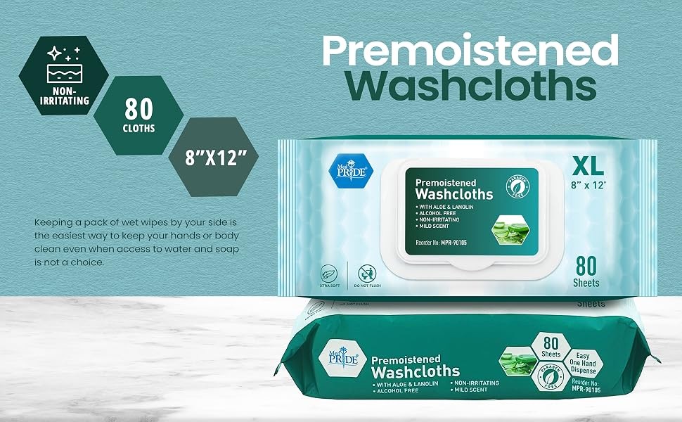 Disposable XL Premoistened Washcloths 8” x 12” Pack of 80 – Adult Cloth Wipes